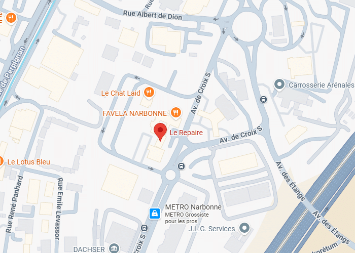 Plan de Narbonne : Restaurant Le Repaire et environs Carte de Narbonne montrant Le Repaire, Favela et l'Av. de Croix S.