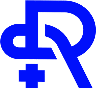 Logo bleu stylisé associant les lettres d et R avec une croix médicale.